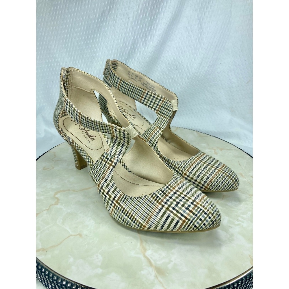 LifeStride Giovanna 2 Block Heel Pumps Womens Sz 9.5 Brown Plaid Academia Office